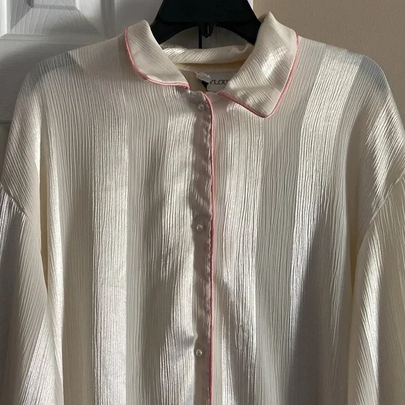 Vintage Keyloun Cream And Pink Long Satin Striped House Coat Robe Duster Buttons